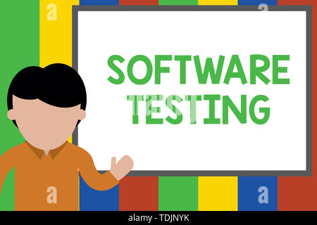 Writing note showing Software Testing. Business concept for investigation provide information about the quality of it Young man standing in front whit Stock Photo