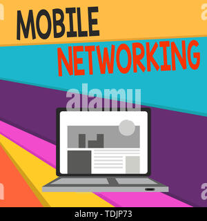 Handwriting text writing Mobile Networking. Conceptual photo Communication network where the last link is wireless Open Modern Laptop Switched On with Stock Photo
