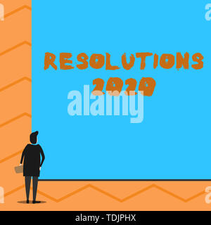 Text sign showing Resolutions 2020. Business photo text list of things wishes to be fully done in next year Man stands in back view in front of huge e Stock Photo