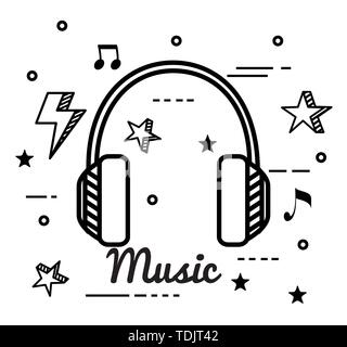 headphones with thunder and star with notes melody Stock Vector