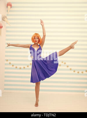dance studio for everyone. crazy girl in dance studio. crazy girl dancer in ballerina pose. woman dancing at contemporary or classic class. skillful dancer performer. i can be a star. Stock Photo