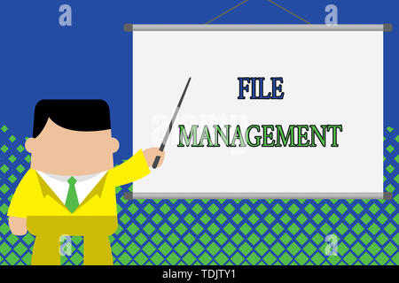 Writing note showing File Management. Business concept for computer program that provides user interface to analysisage data Businessman standing in f Stock Photo