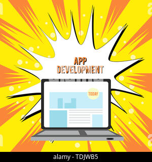 Text sign showing App Development. Business photo text Development services for awesome mobile and web experiences Open Modern Laptop Switched On with Stock Photo