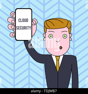 Conceptual hand writing showing Cloud Security. Concept meaning Protect the stored information safe Controlled technology Man Holding Vertical Smartph Stock Photo