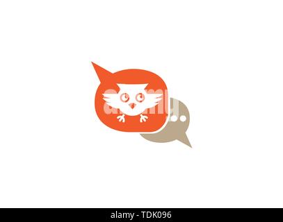 Owl open eyes and fly in a chat icon for logo design illustration Stock Vector
