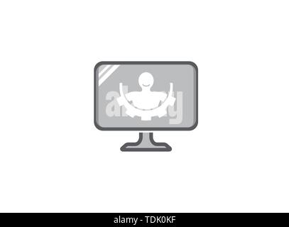 Body inside a gear pignion and smile for logo design in chat icon illustration Stock Vector