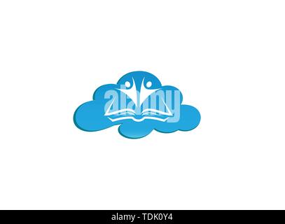 Kids or students open hands inside a book for logo design illustration, in a cloud shape icon Stock Vector