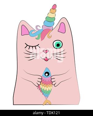 Cat unicorn with a rainbow fish in its paws, print, design Stock Vector