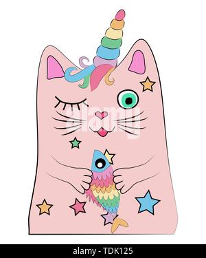 Cat unicorn with a rainbow fish in its paws, print, design Stock Vector