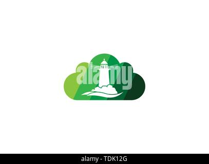 Lighthouse on the island of the middle of the sea for logo design illustration, beacon in a cloud shape icon Stock Vector