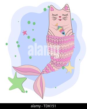 Cat unicorn with a mermaid's tail and with a rainbow fish in its paws, print design Stock Vector