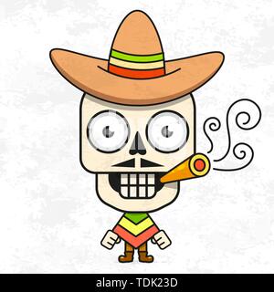 Cartoon Mexican Sugar Skull Vector Illustration For Dia De Los Muertos . Cute Male Skull With Mustache And Sombrero Hat. Stock Vector