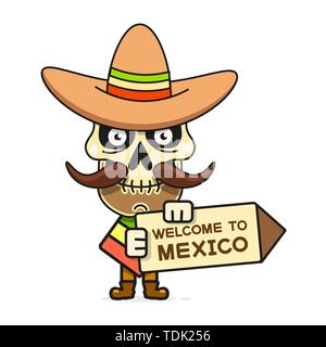 Cartoon Mexican Skull Vector Illustration For Dia De Los Muertos . Cute Male Skull With Mustache And Sombrero Hat. Stock Vector