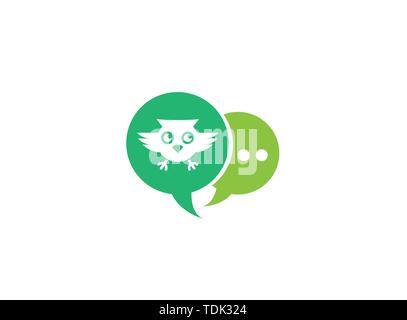 Owl open eyes and fly in a chat icon for logo design illustration Stock Vector