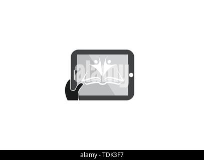 Kids or students open hands inside a book for logo design illustration, in a tablet shape pad icon Stock Vector