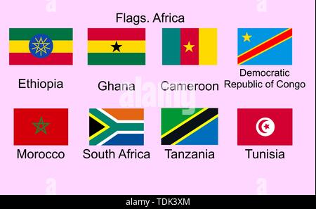 Flags of Africa, set. Ethiopia, Ghana, Cameroon, DRC, Morocco, Tanzania, South African Republic, Tunisia Stock Vector
