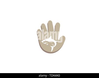Angry blue shark fish Logo design illustration i a hand shape protect fish icon Stock Vector