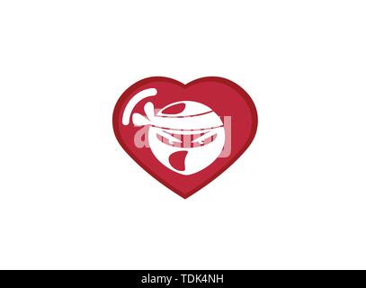 Ninja head with angry face design illustration in a heart shape love icon Stock Vector