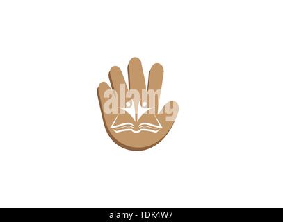 Kids or students open hands inside a book for logo design illustration, in a hand shape icon Stock Vector
