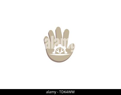 Mechanic gear tools in and pignion for logo design illustration, in a hand shape service icon Stock Vector
