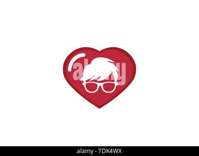 Geek Head with hairstyle wearing glasses for logo design illustration, in a heart shape love icon Stock Vector