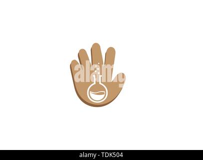 Beaker Lab round flask with chemical substance inside and Bubbles for logo design illustration in a hand shape icon Stock Vector