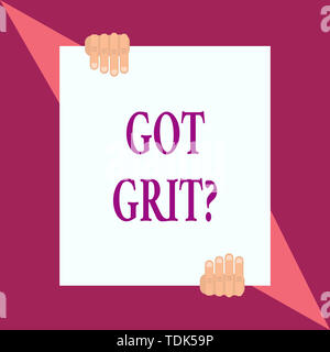 Conceptual hand writing showing Got Grit Question. Concept meaning A hardwork with perseverance towards the desired goal Two hands hold one big white  Stock Photo