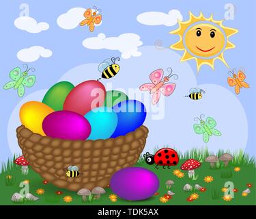 Easter background with decorated Easter eggs and Easter eggs in basket in sunny field Stock Vector