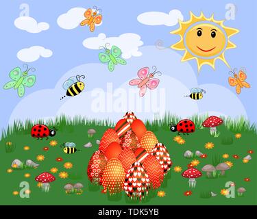 Easter greeting card with colorful eggs lying on green grass. Design element, greeting card template Stock Vector