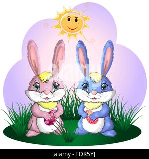 Happy Easter. Easter bunnies and egg in field. copy space for text Stock Vector