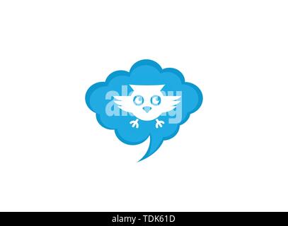 Owl open eyes and fly in a chat icon for logo design illustration Stock Vector