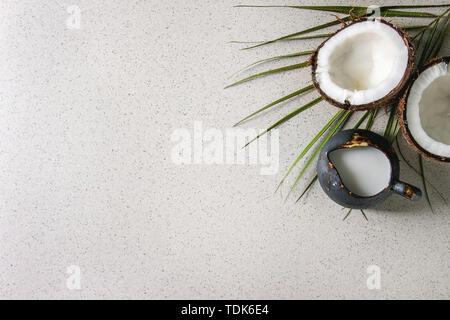 Vegan organic coconut milk in ceramic jug with fresh broken coconut and tropical branch over grey spotted background. Flat lay, space. Healthy eating Stock Photo