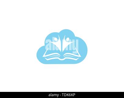 Kids or students open hands inside a book for logo design illustration, in a cloud shape icon Stock Vector