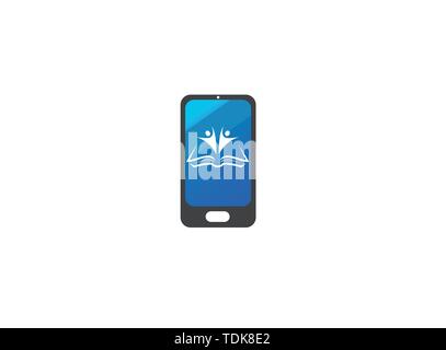 Kids or students open hands inside a book for logo design illustration, in a smartphone shape icon Stock Vector