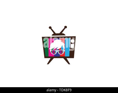 Geek Head with hairstyle wearing glasses for logo design illustration, in an old tv shape multicolors icon Stock Vector