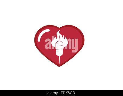 Doner kebab, Turkish meat food, barbecue in fire Grill for logo design illustration, bbq in a heart shape love icon Stock Vector