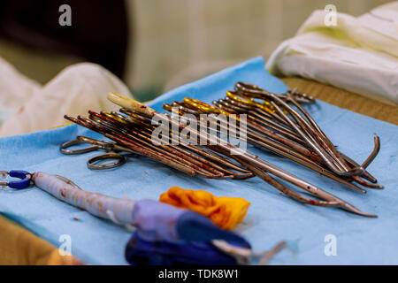 Preparing surgical room surgeon in the instruments of surgery in operating room of medical stainless equipment Stock Photo