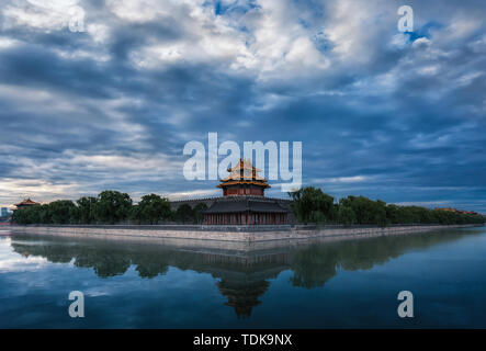 September 6, 2016, Beijing, Forbidden City corner building, Forbidden City corner building is located in Beijing. It is a multi-angle building with a four-sided convex zigzag plane. The roof has three floors and the upper layer is a longitudinal and horizontal hilltop. It is composed of a suspended hilltop with water on two slopes and a temple on four slopes. Because of the nine main roofs on this roof, it is called the Nine Ridge Hall. Stock Photo