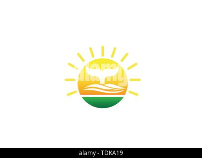 Whale diving deep in the sea and show Tail up for Logo design illustration i a sun shape sunset icon Stock Vector