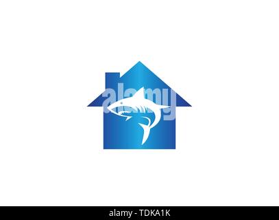 Angry blue shark fish Logo design illustration i a home shape house icon Stock Vector