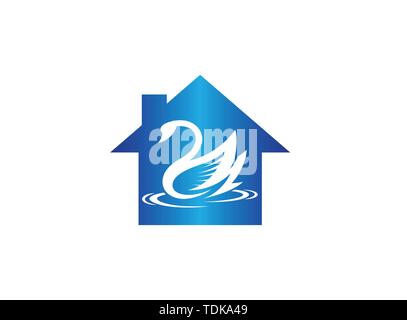 Goose or duck swimming for logo design illustration in a home shape house icon Stock Vector