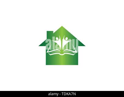 Kids or students open hands inside a book for logo design illustration, in a home shape school icon Stock Vector