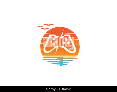 Console video games a controller gadget for logo design illustration, in a sunset shape sun icon Stock Vector