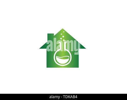 Beaker Lab round flask with chemical substance inside and Bubbles for logo design illustration in a home shape house icon Stock Vector