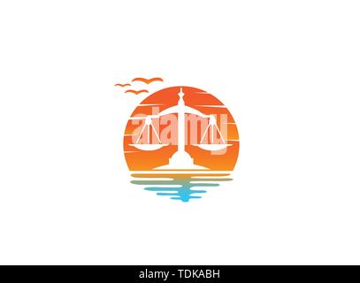 Balance symbol scales logo design illustration, law symbol in a sun shape sunset icon Stock Vector
