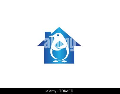 Penguin cute animal for logo design illustration in a home shape house icon Stock Vector