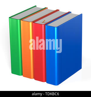 Blank books four textbooks bookshelf educational bookcase row standing 4 colorful green orange red blue template. School studying knowledge content ic Stock Photo