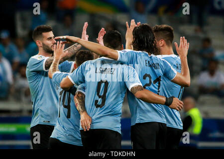 Belo Horizonte, Brazil. 16th June, 2019. Uruguay players celebrate the fourth goal of the team during a match between Uruguay and Ecuador, valid for the group stage of the 2019 Copa America, held this Sunday (16) at the Estádio do Mineirão in Belo Horizonte, MG. Credit: Dudu Macedo/FotoArena/Alamy Live News Stock Photo