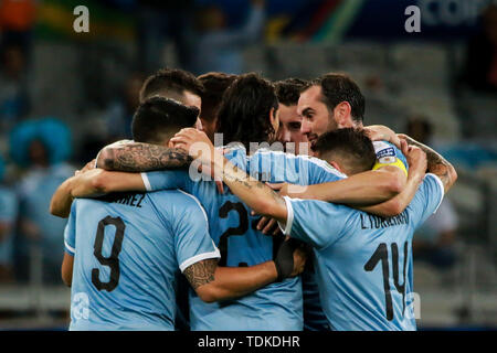 Belo Horizonte, Brazil. 16th June, 2019. Uruguay players celebrate the fourth goal of the team during a match between Uruguay and Ecuador, valid for the group stage of the 2019 Copa America, held this Sunday (16) at the Estádio do Mineirão in Belo Horizonte, MG. Credit: Dudu Macedo/FotoArena/Alamy Live News Stock Photo