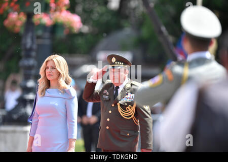 New Slovak President Zuzana Caputova reviews the guard of honor as she arrives at the Presidential Palace after her inauguration ceremony during a parliamentary session in Bratislava, Slovakia, Saturday, June 15, 2019.  (CTK Photo/Vaclav Salek) Stock Photo